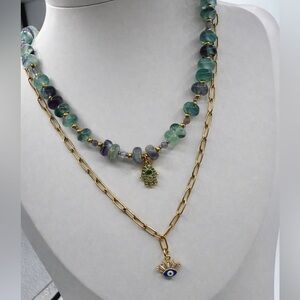 Handmade Fluorite Necklace Set Gold Chain Evil Eye & Hamsa